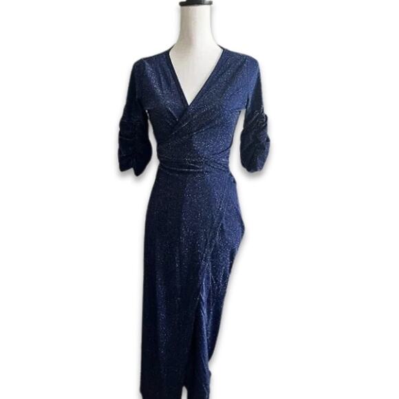 Area Stars Dress Wrap Design V-Neckline 3/4 Sleeves Metallic Blue/Silver W L NWT - Picture 1 of 13